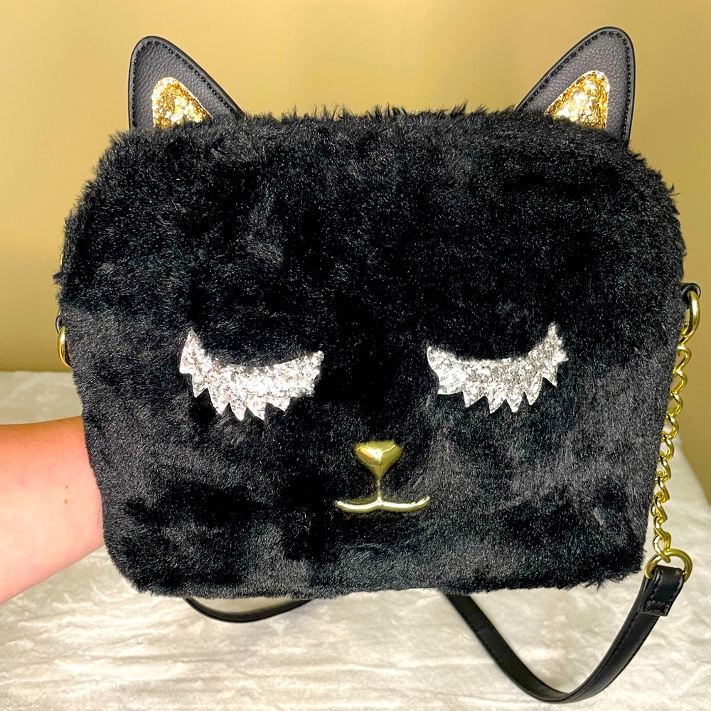 Betsey Johnson Black Fuzzy Glitter Cat Crossbody
